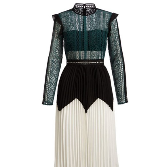 Self-Portrait Dresses & Skirts - SELF-PORTRAIT Stripe Paneled Long-Sleeve Lace Midi Dress Size